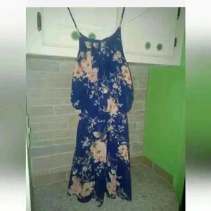 Peach Royal | Womens Small Blue Floral Blouson Sleeveless Mini Dress